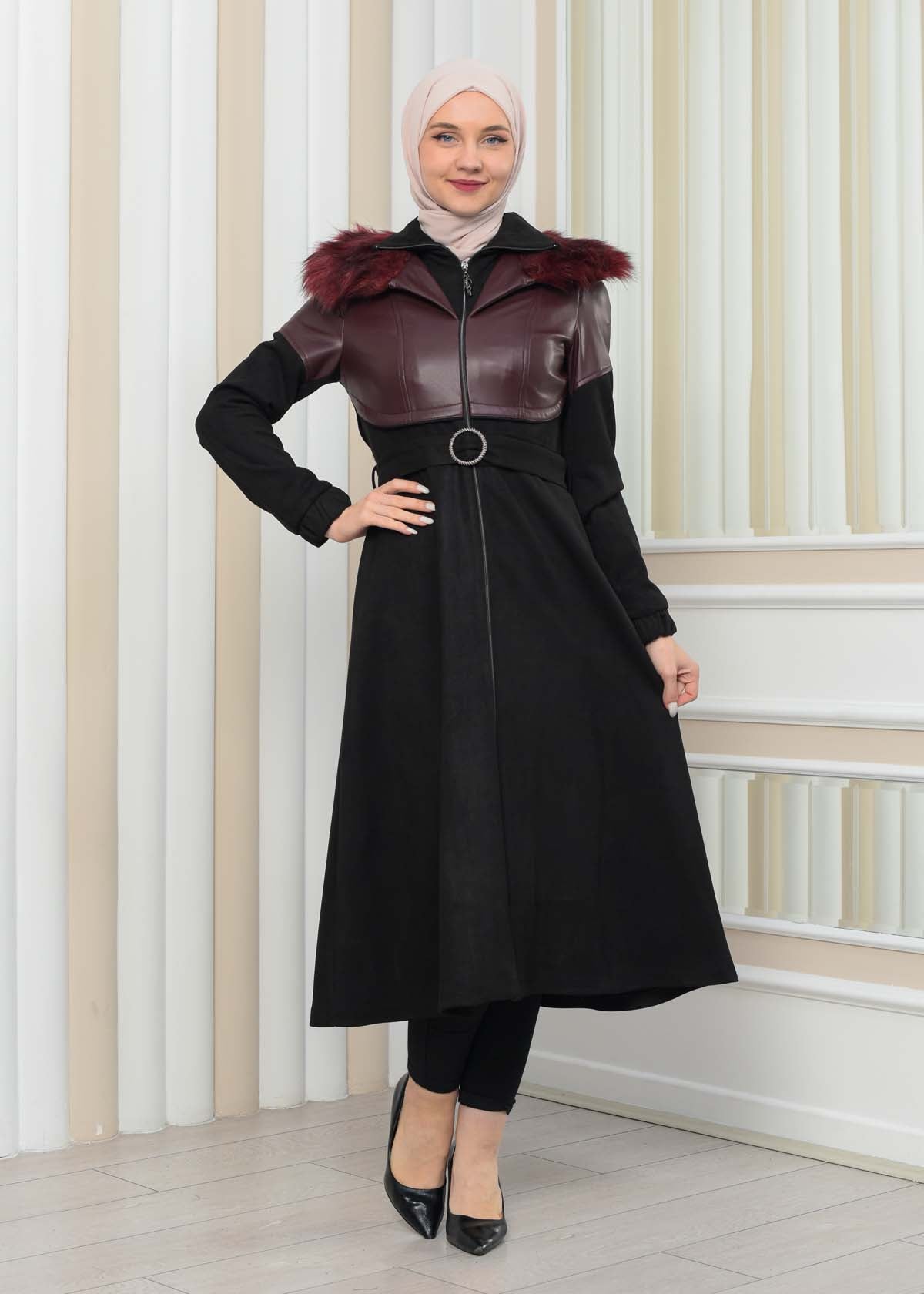 Damen Winter-Trenchcoat aus Wildleder und Leder 1351 - Bordeaux