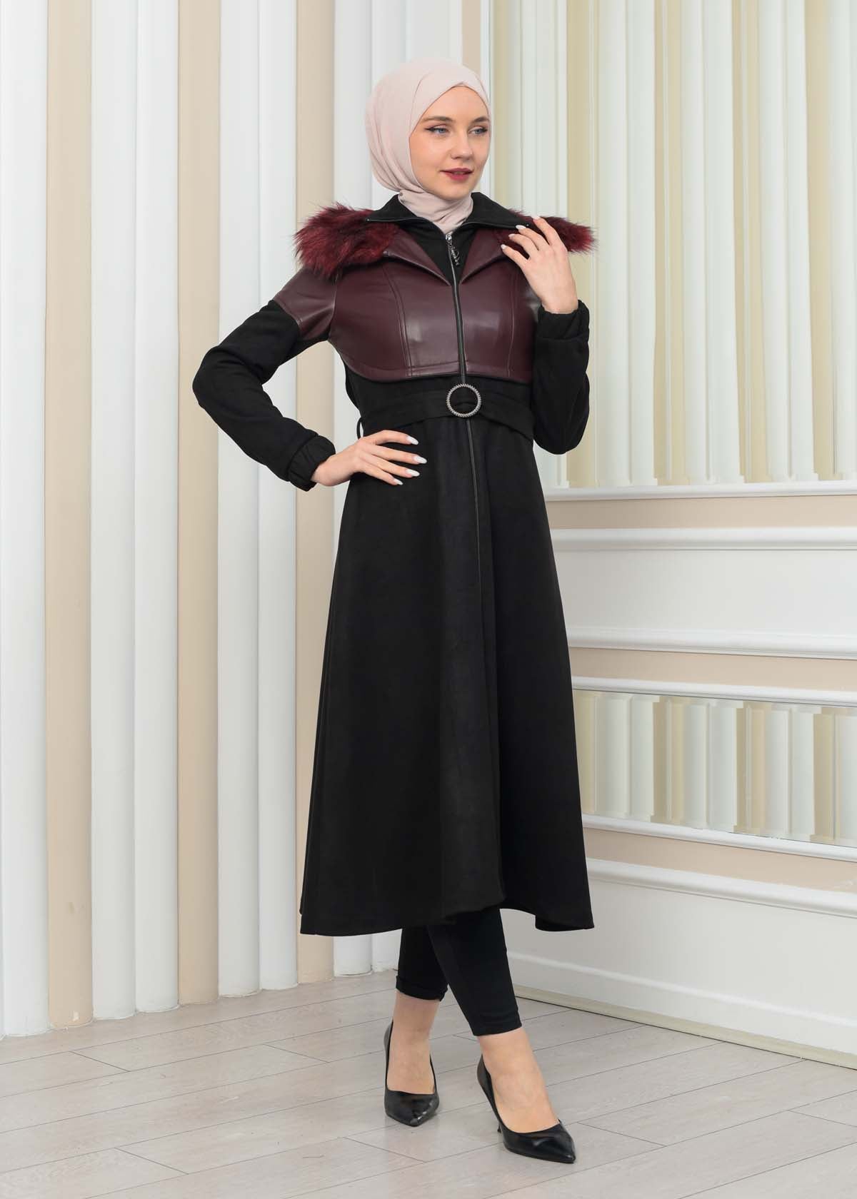 Damen Winter-Trenchcoat aus Wildleder und Leder 1351 - Bordeaux