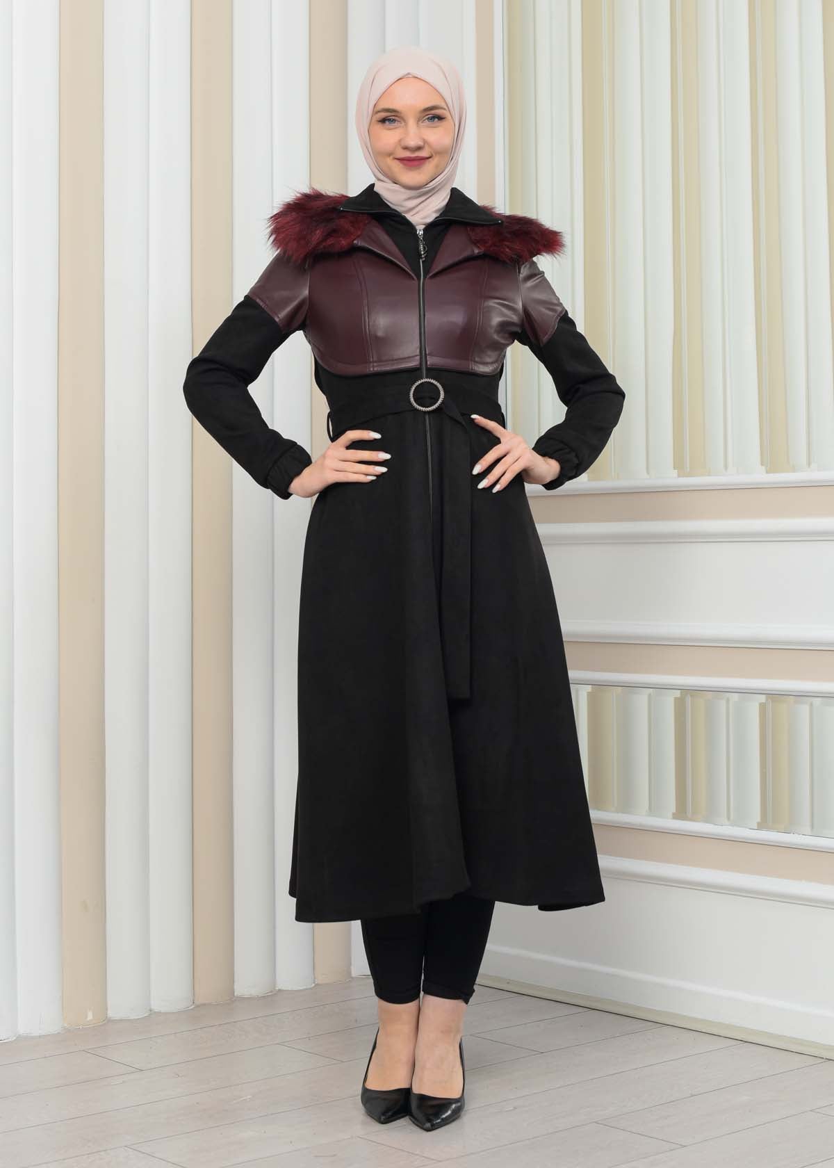 Damen Winter-Trenchcoat aus Wildleder und Leder 1351 - Bordeaux