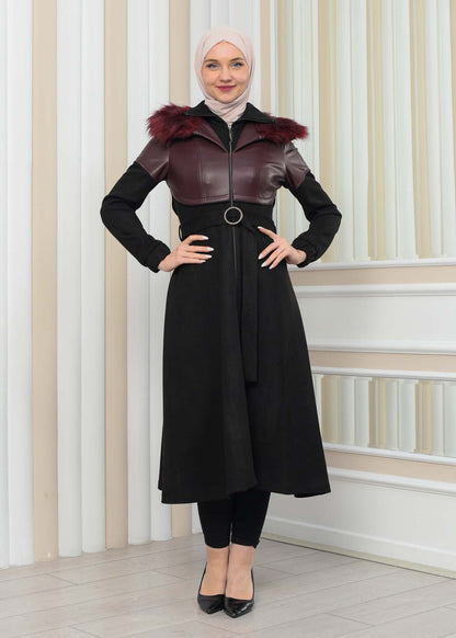 Damen Winter-Trenchcoat aus Wildleder und Leder 1351 - Bordeaux