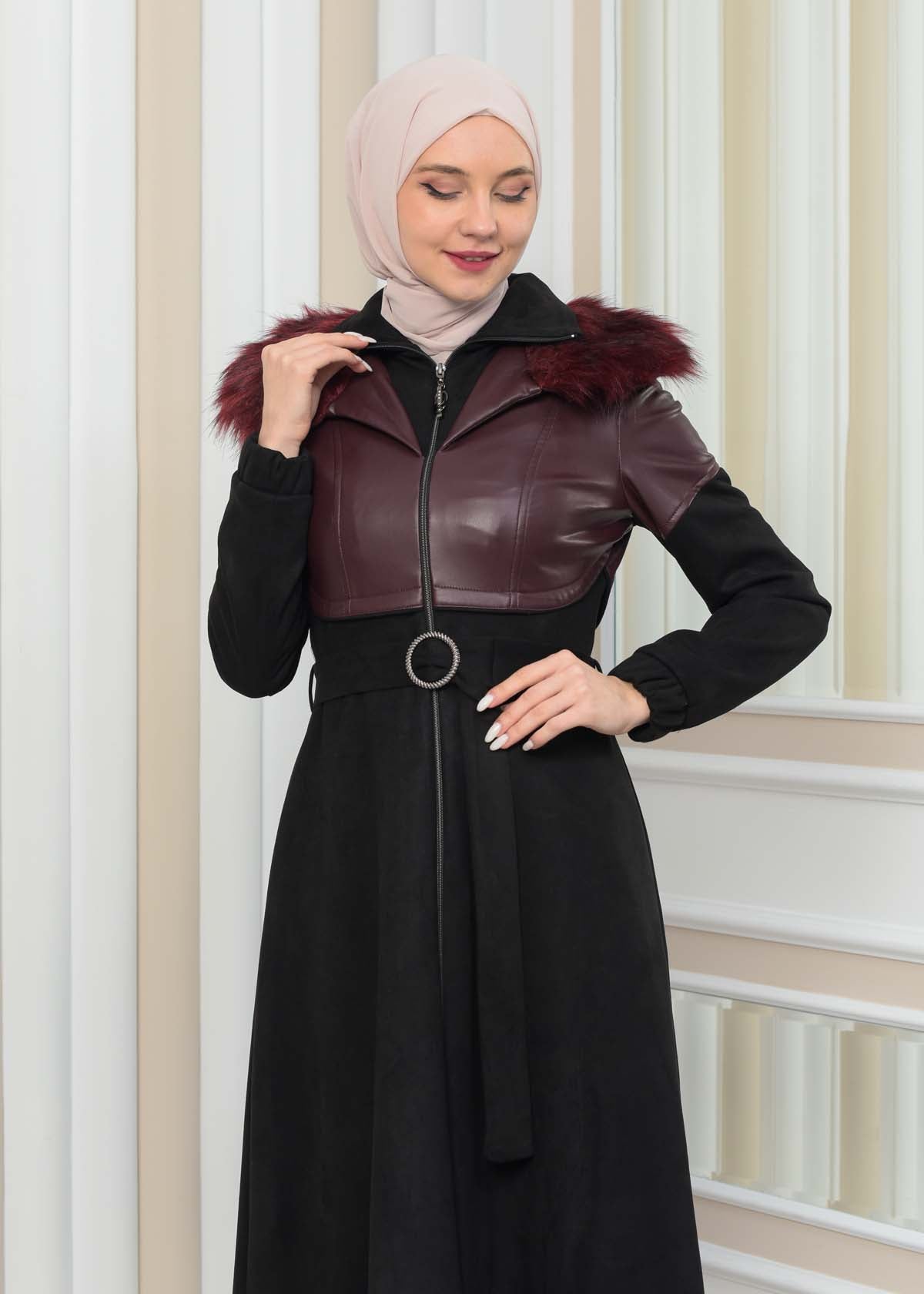 Damen Winter-Trenchcoat aus Wildleder und Leder 1351 - Bordeaux