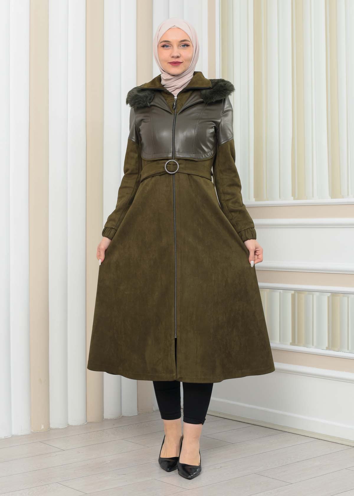 Damen Winter-Trenchcoat aus Wildleder und Leder 1351 - Khaki