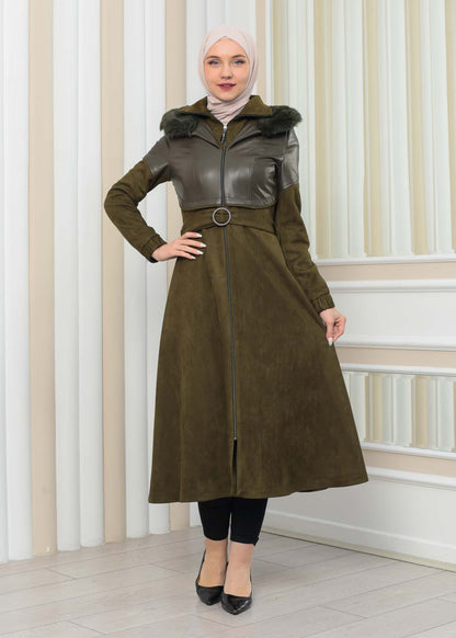 Damen Winter-Trenchcoat aus Wildleder und Leder 1351 - Khaki