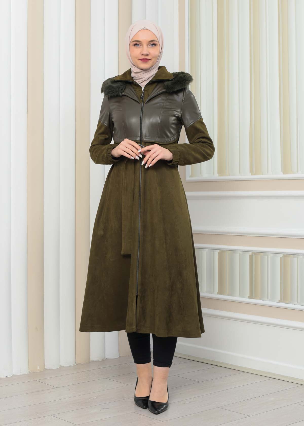 Damen Winter-Trenchcoat aus Wildleder und Leder 1351 - Khaki