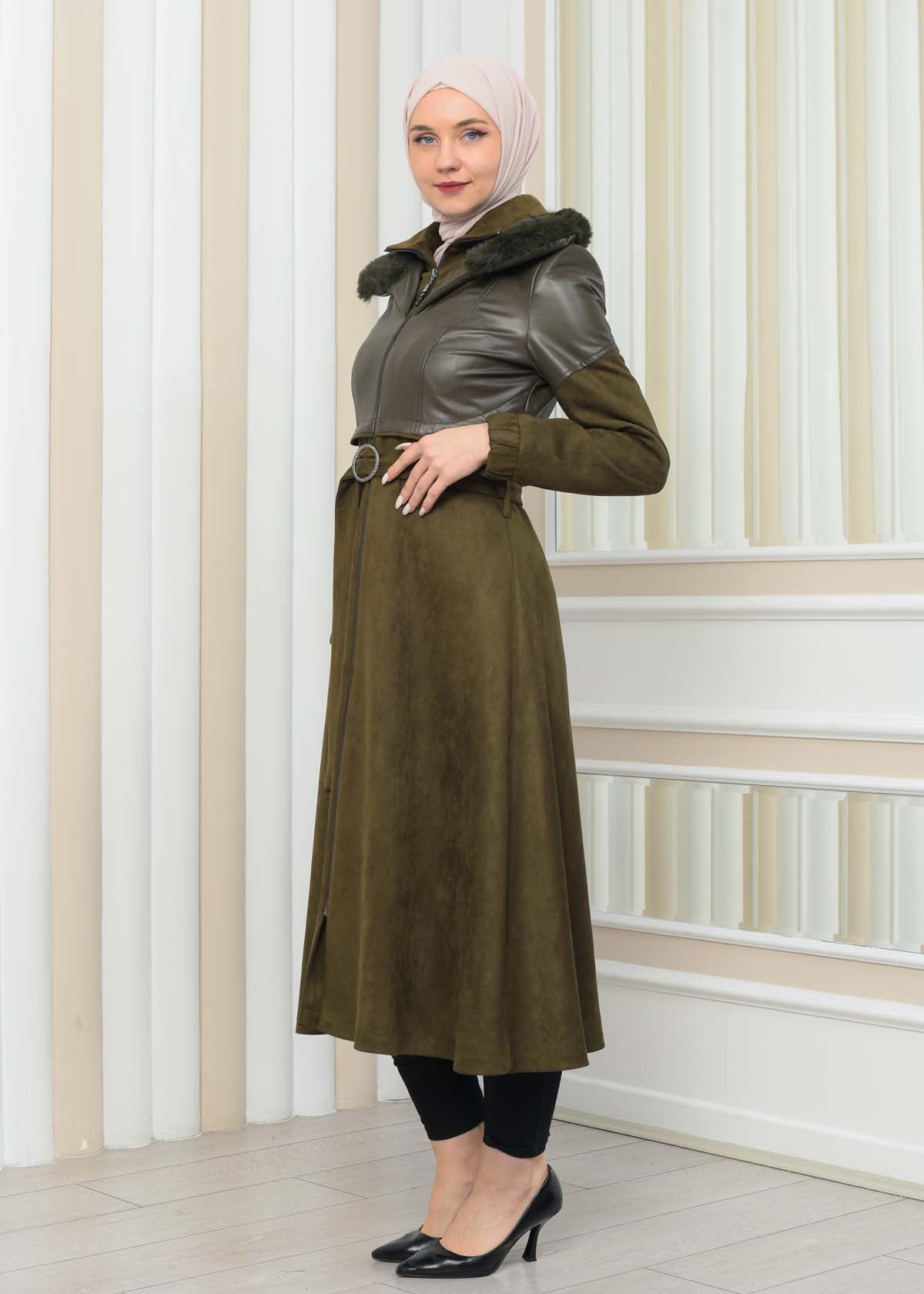 Damen Winter-Trenchcoat aus Wildleder und Leder 1351 - Khaki