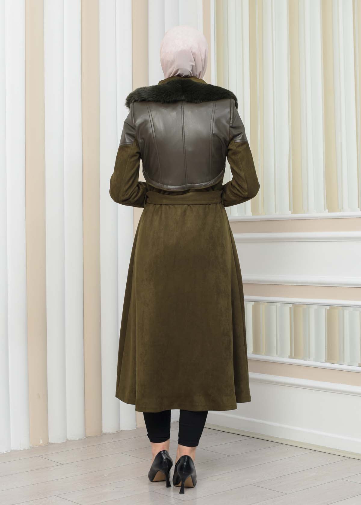 Damen Winter-Trenchcoat aus Wildleder und Leder 1351 - Khaki