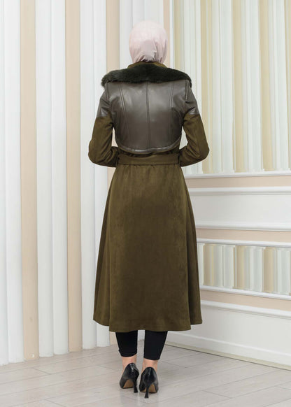 Damen Winter-Trenchcoat aus Wildleder und Leder 1351 - Khaki