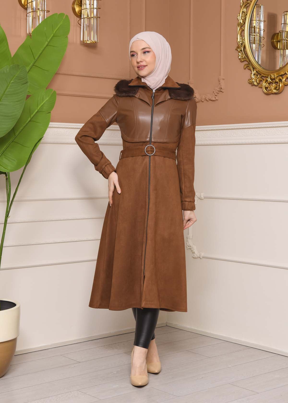 Damen Winter-Trenchcoat aus Wildleder und Leder 1351 - Braun
