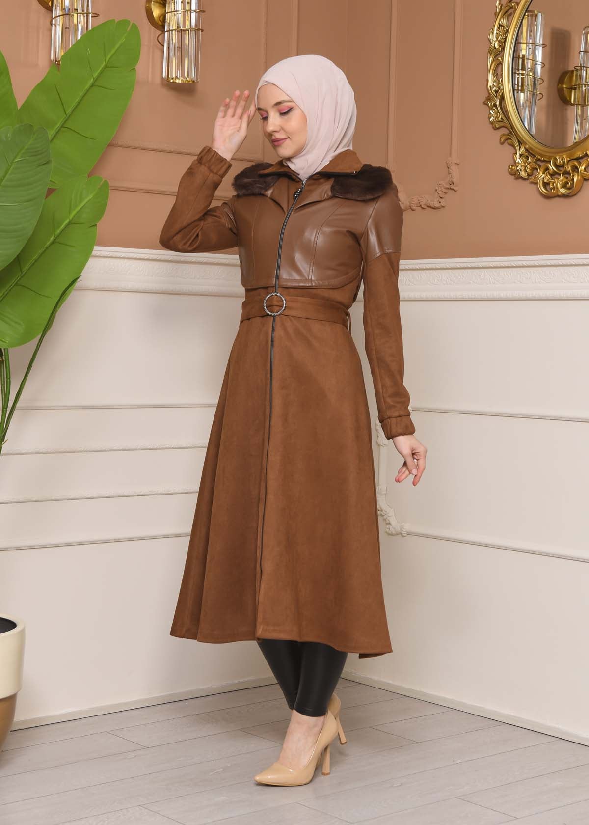 Damen Winter-Trenchcoat aus Wildleder und Leder 1351 - Braun